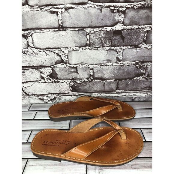 Klimatsakis Brown Leather Casual Flip Flops Greek Thong Sandals Women Sz 41EU - Picture 2 of 16